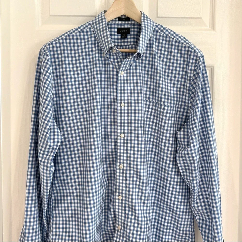 J. Crew Button Up Long Sleeve White Blue Checkered Nautical Shirt Men Sz XL SLIM